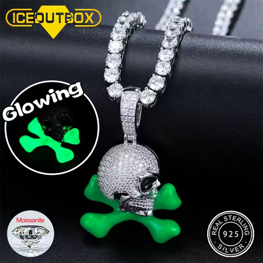 S925 D VVS Moissanite Skull Necklace Pendant - Glowing In Dark Enamel Hip Hop Pendant