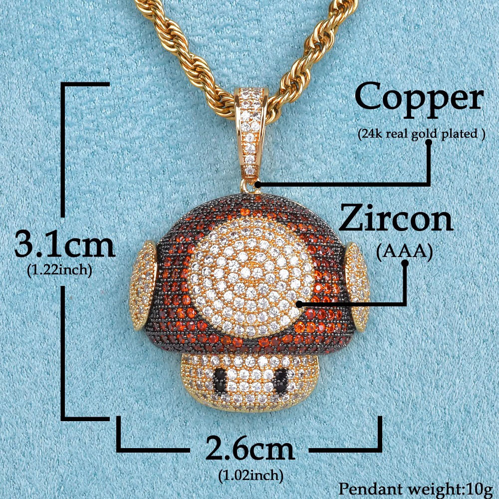 Gold Mushroom Head Pendant with Bling Cubic Zircon - Men's Hip Hop Necklace