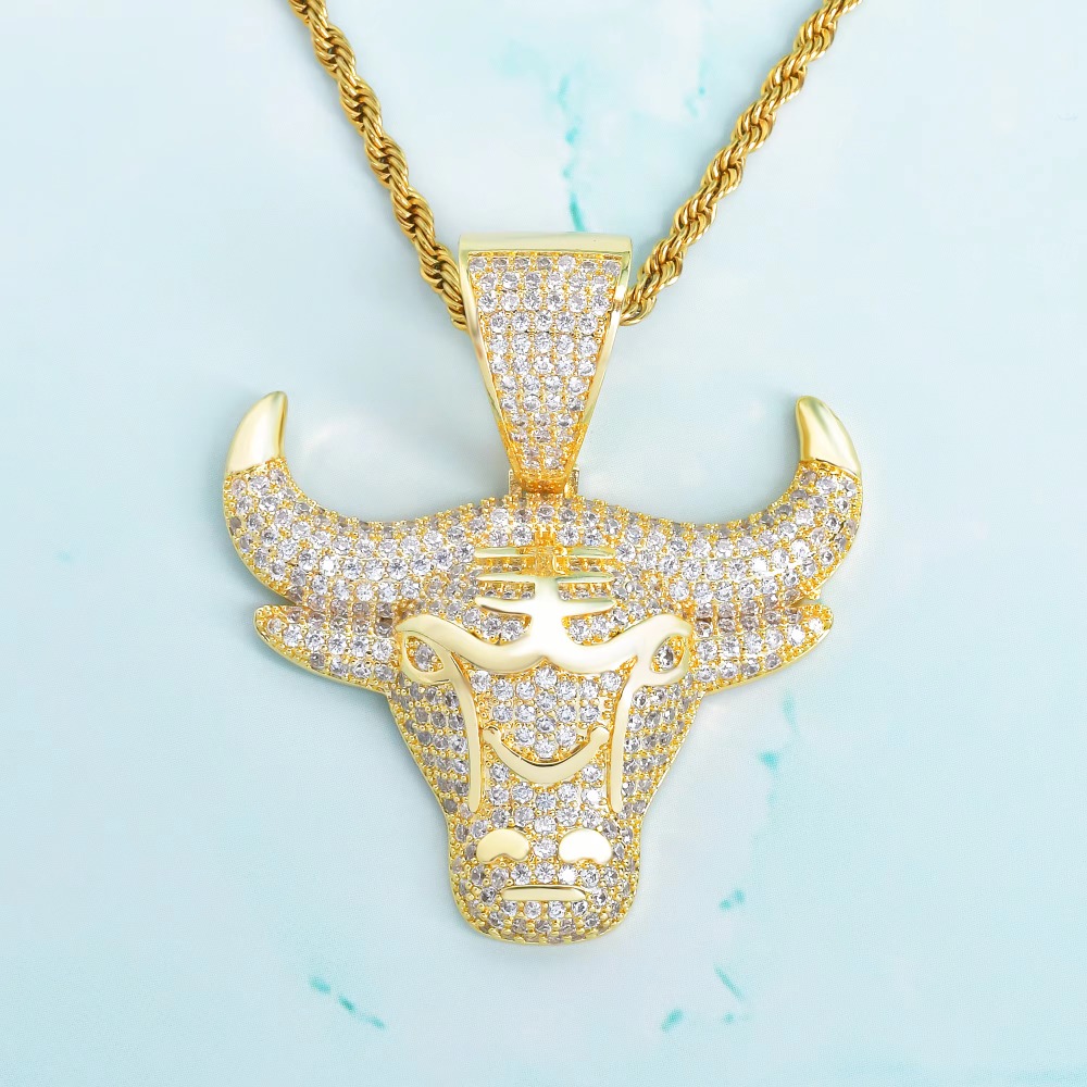 Gold Color Cubic Zircon Men's Animal Cow Pendant Hip Hop Necklace