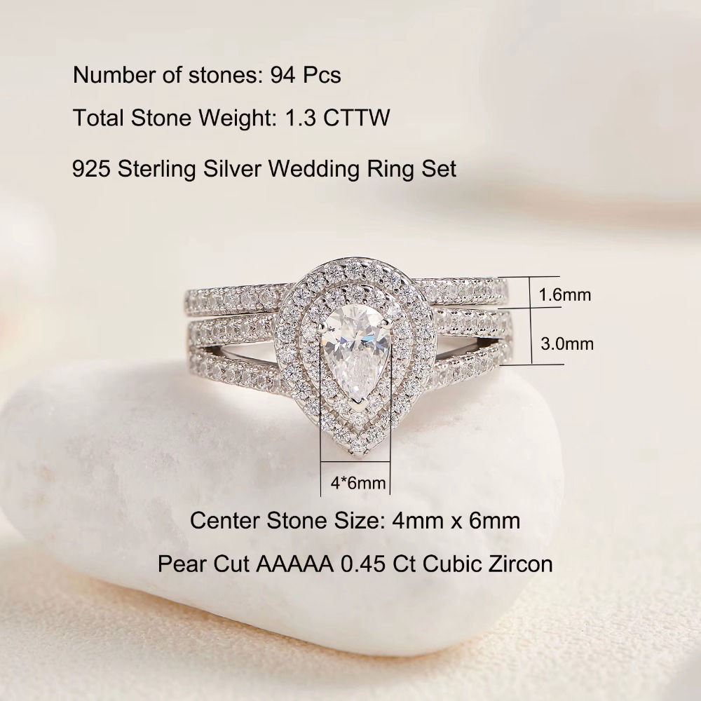 Newshe 1.3 Carat Pear Cut CZ Wedding Ring Set 925 Sterling Silver Engagement Rings for Women