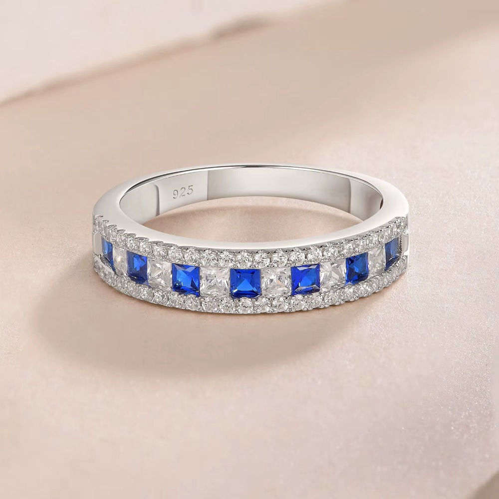 925 Sterling Silver White Blue Lab Sapphire Princess Zircon Half Eternity Ring Wedding Band