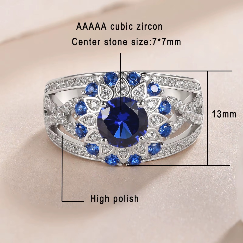 "Newshe 925 Silver White Blue Sapphire Flower Engagement Ring for Women"