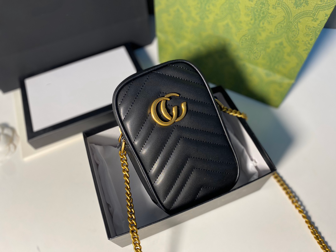 Calfskin Matelasse Mini GG Marmont Crossbody Bag Black