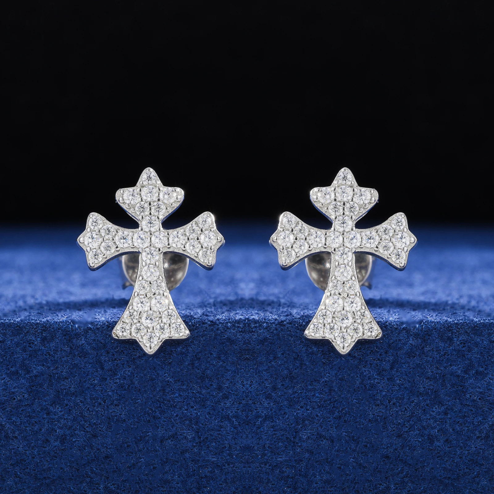 S925 Sterling Silver Cross Stud Earrings – Fully Moissanite, Unisex