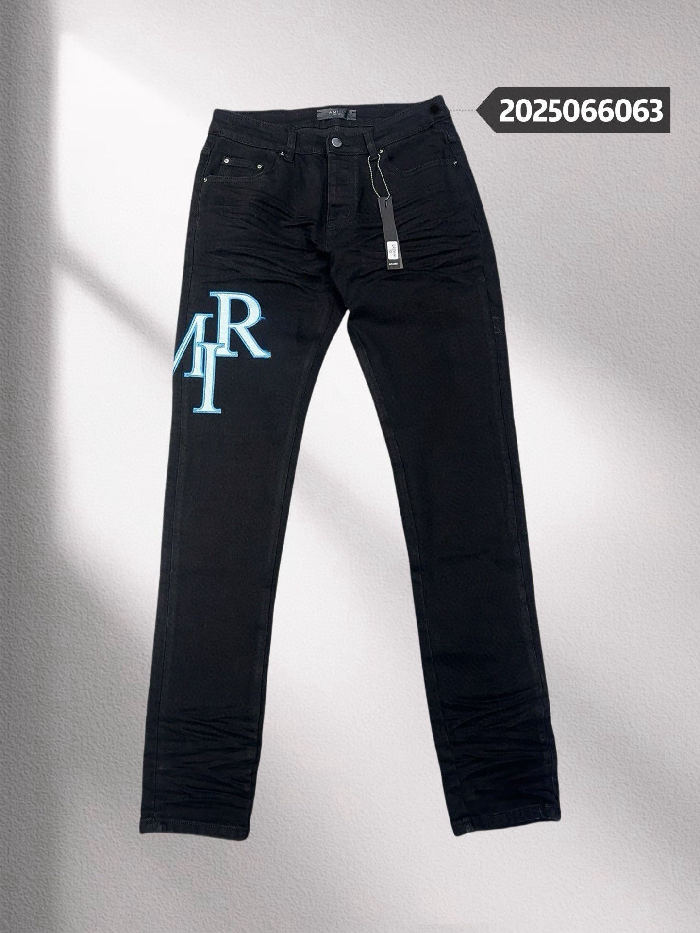 AMIR Black Stretch-Denim Skinny Jeans w/ Blue Embroidered Logo