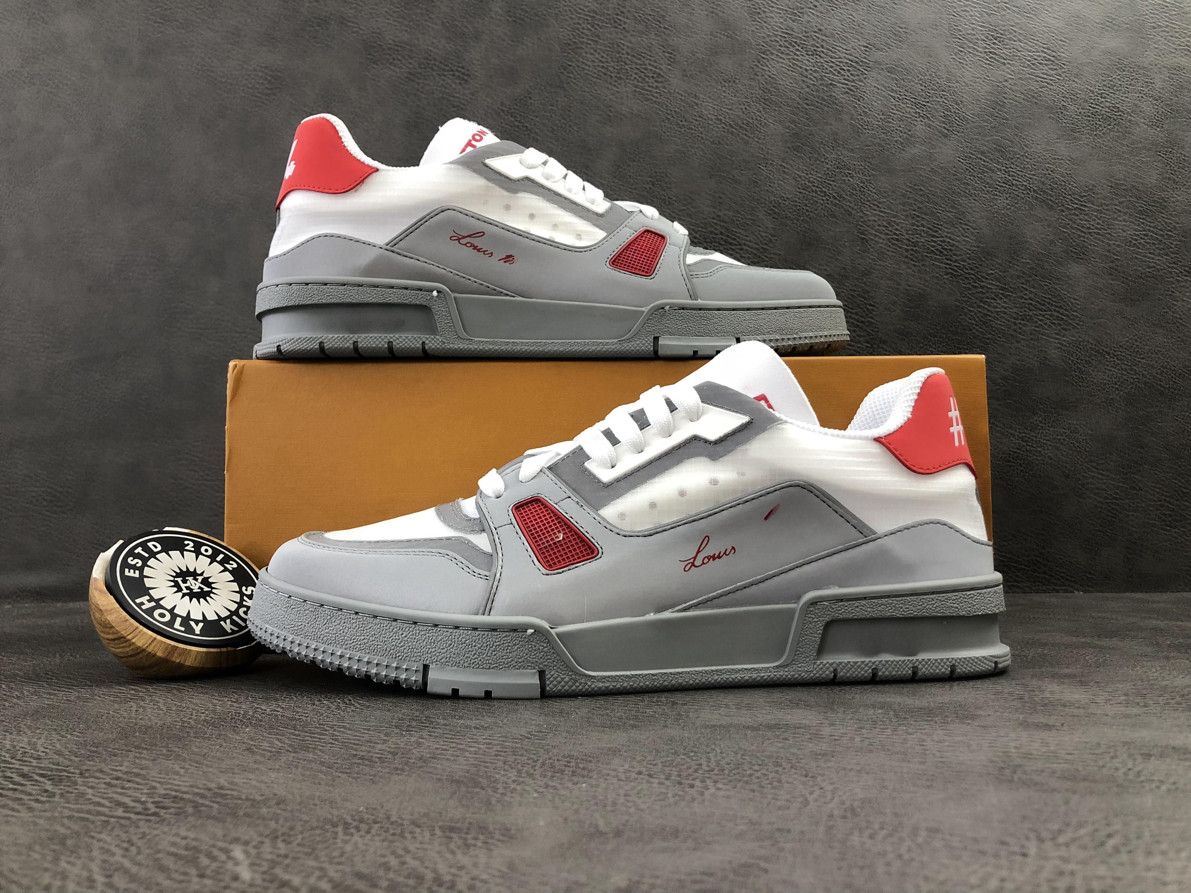 L Trainer Sneakers – Grey & White with Red Accents