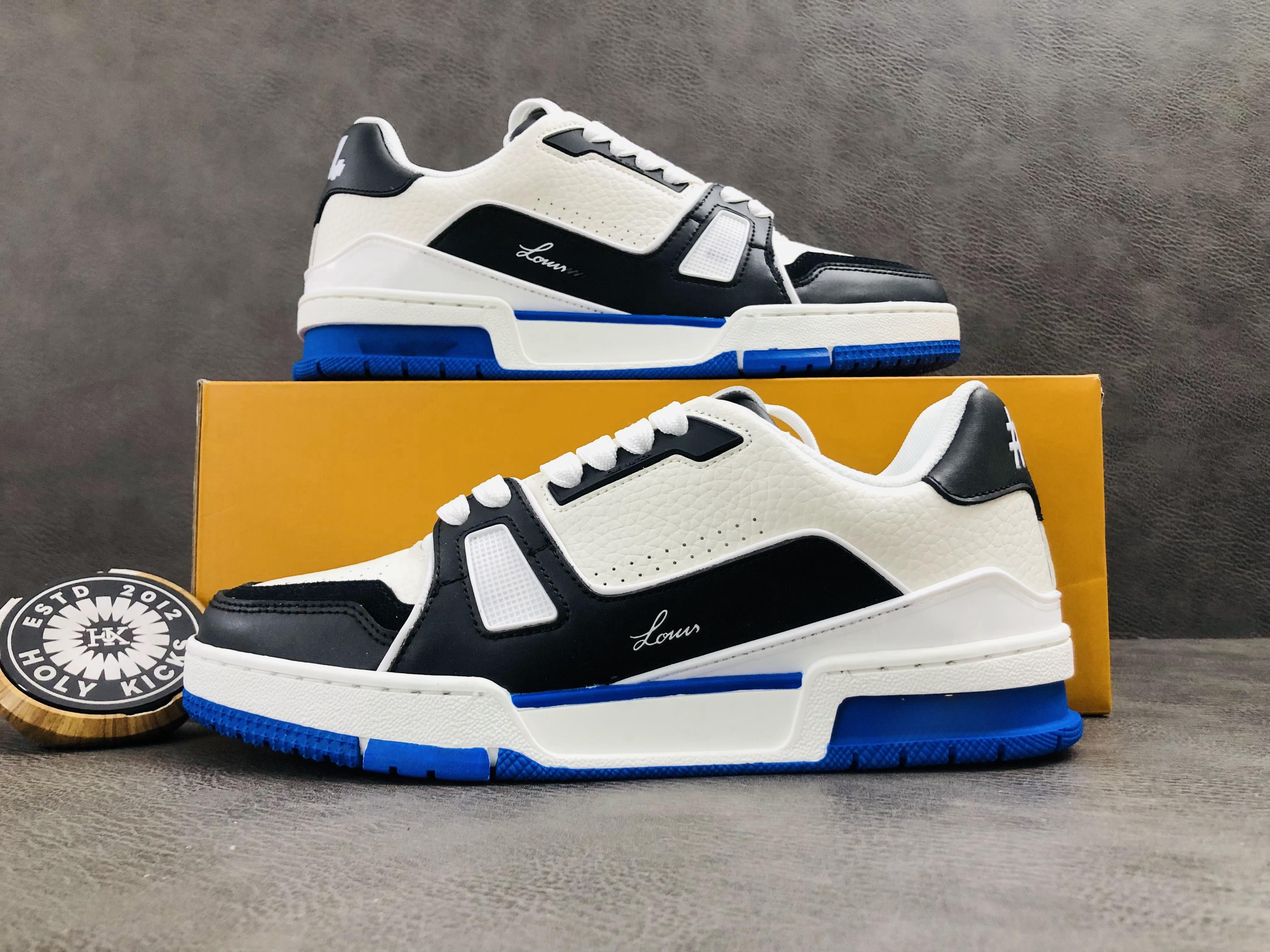 L Trainer Sneaker White, Blue, and Black Colorway